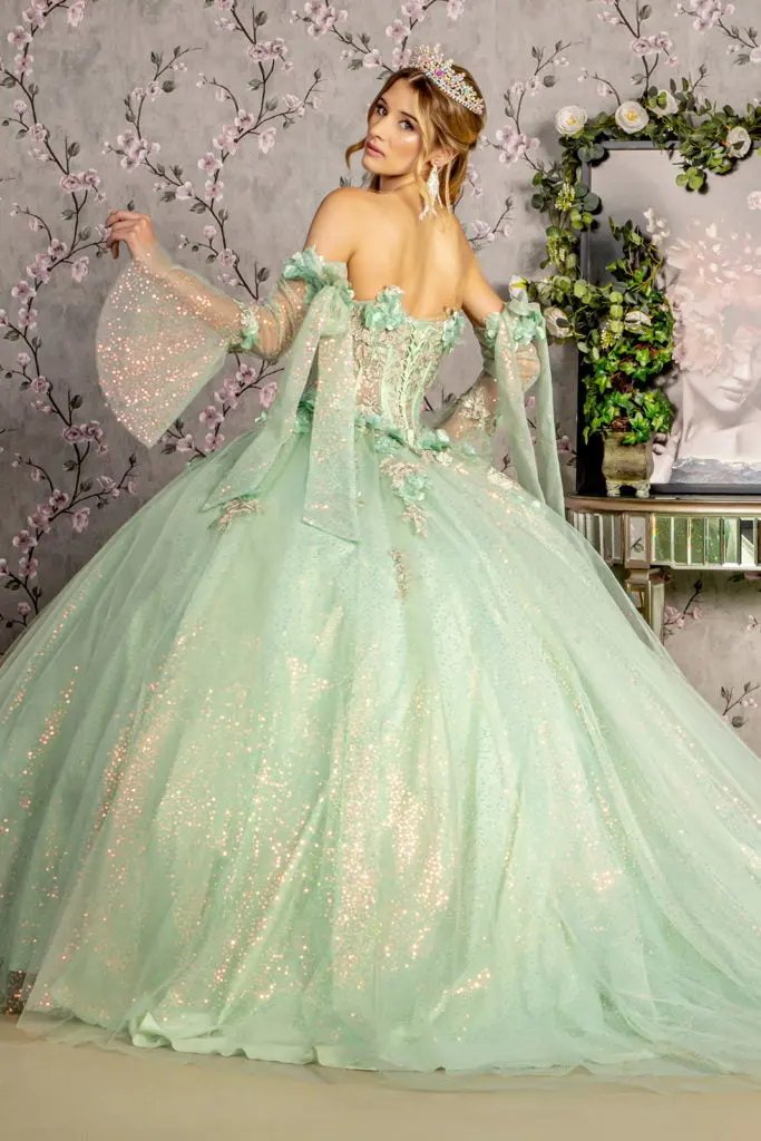 3-D Flower Jewel Sheer Bodice Mesh Ball Gown w/ Long Sleeves by Tux-USA