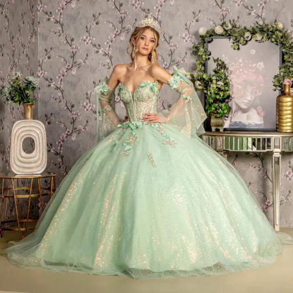 3-D Flower Jewel Sheer Bodice Mesh Ball Gown w/ Long Sleeves by Tux-USA