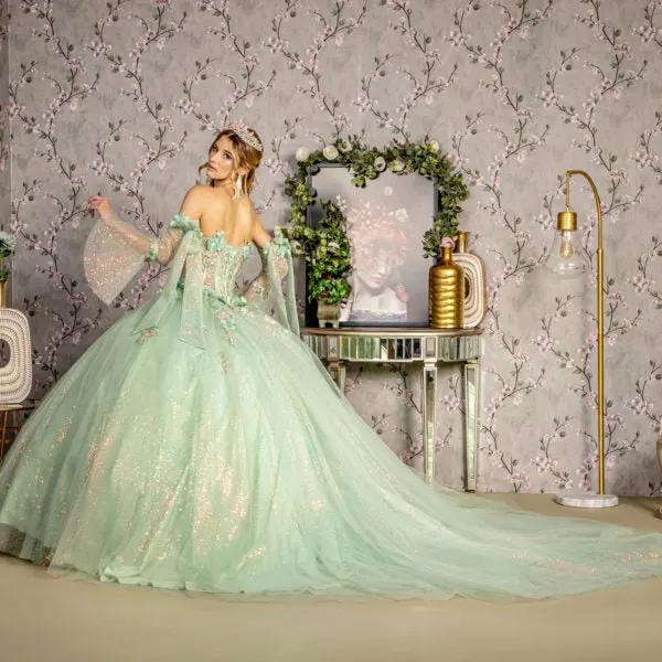 3-D Flower Jewel Sheer Bodice Mesh Ball Gown w/ Long Sleeves by Tux-USA