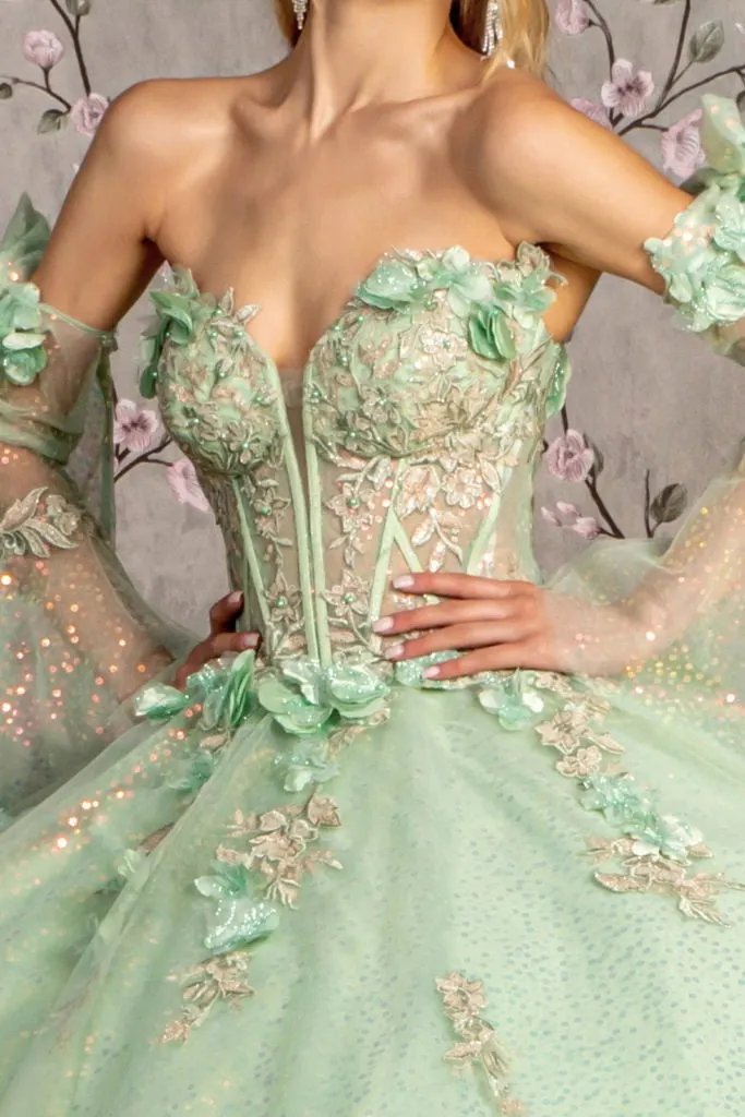 3-D Flower Jewel Sheer Bodice Mesh Ball Gown w/ Long Sleeves by Tux-USA