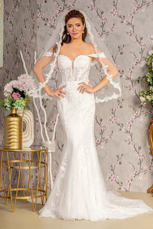 Glitter Off Shoulder Sheer Bodice Mesh Mermaid Wedding Gown by Tux-USA