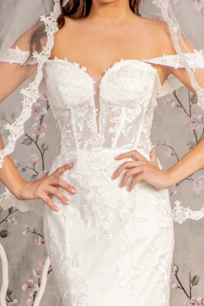 Glitter Off Shoulder Sheer Bodice Mesh Mermaid Wedding Gown by Tux-USA