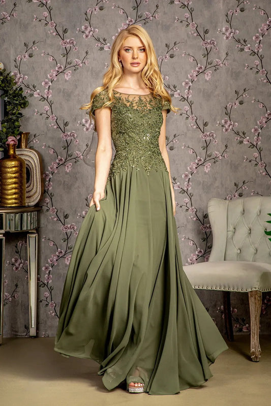 Embroidery Bead Sheer Bodice A-line Chiffon Long Dress by Tux-USA