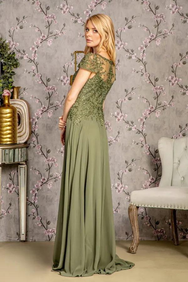 Embroidery Bead Sheer Bodice A-line Chiffon Long Dress by Tux-USA