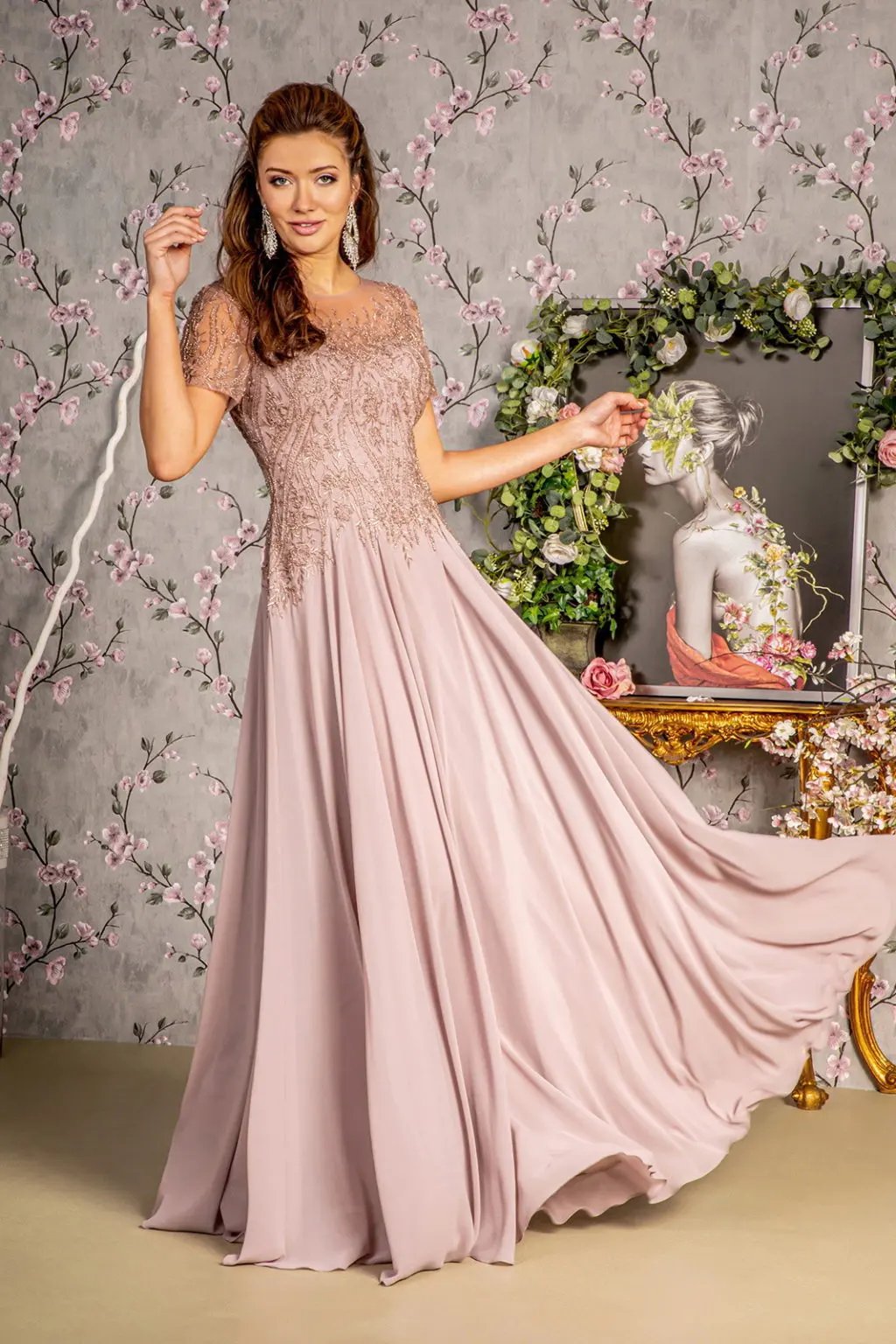 Bead Embroidery Sheer Short Sleeves A-line Mesh Long Dress by Tux-USA