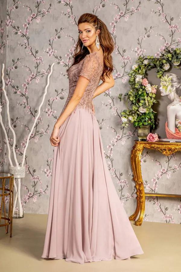 Bead Embroidery Sheer Short Sleeves A-line Mesh Long Dress by Tux-USA