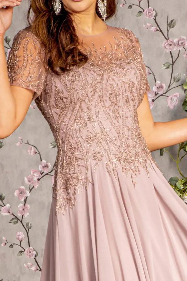 Bead Embroidery Sheer Short Sleeves A-line Mesh Long Dress by Tux-USA