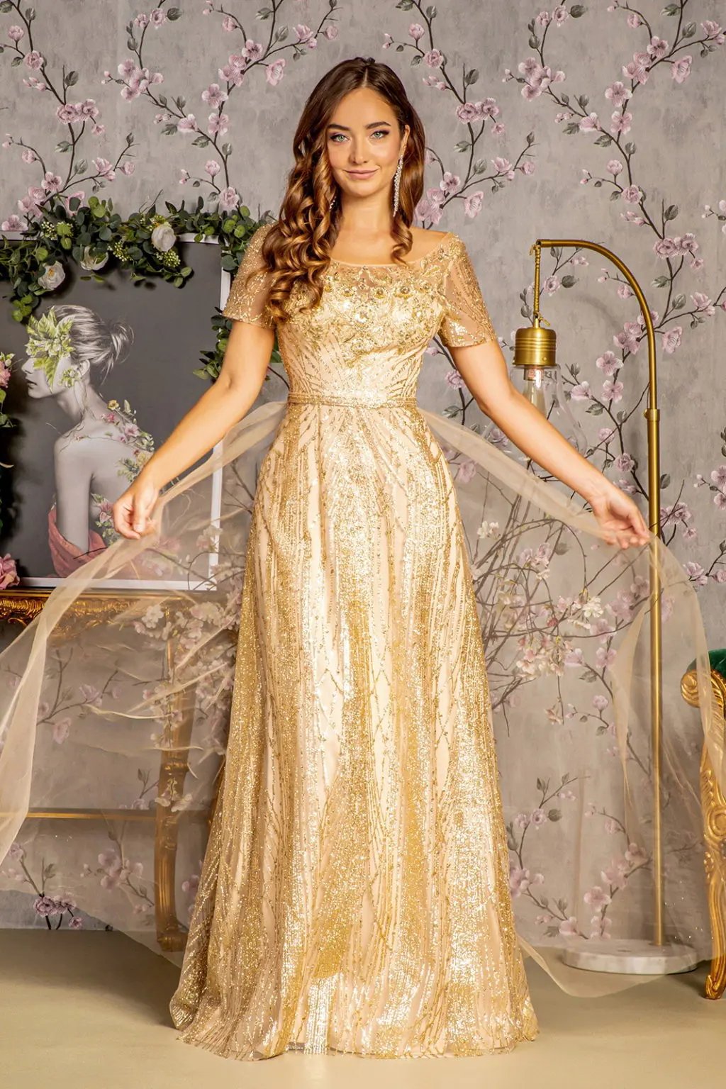 Metallic Bead Mesh A-line Long Dress w/ Waist Band and Long Drape by Tux-USA