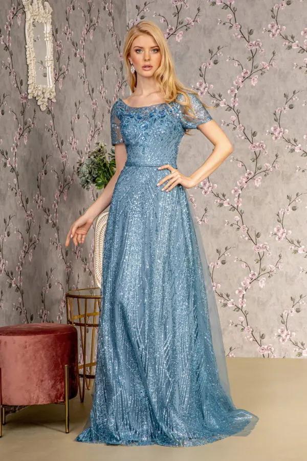 Metallic Bead Mesh A-line Long Dress w/ Waist Band and Long Drape by Tux-USA