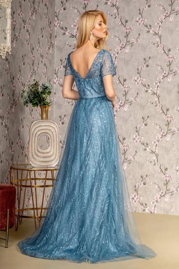 Metallic Bead Mesh A-line Long Dress w/ Waist Band and Long Drape by Tux-USA