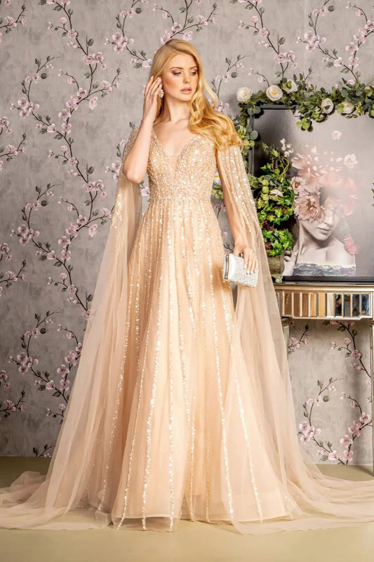 Bead Sequin Mesh A-line Long Dress w/ Side Cape Long Sleeves by Tux-USA