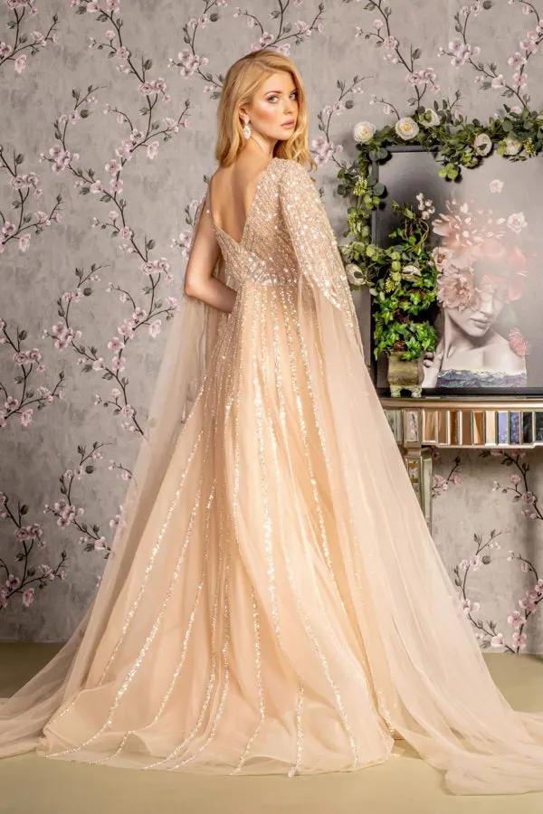 Bead Sequin Mesh A-line Long Dress w/ Side Cape Long Sleeves by Tux-USA