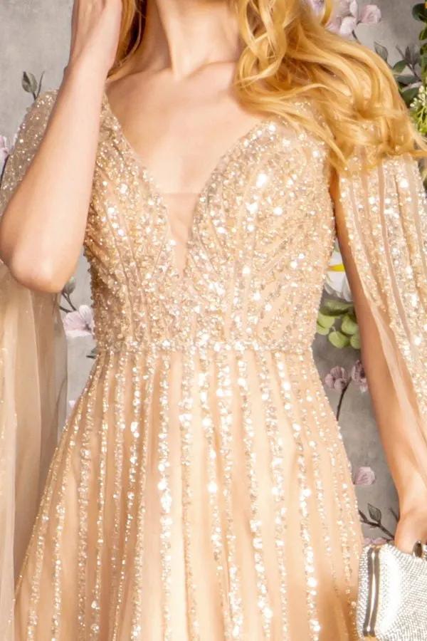 Bead Sequin Mesh A-line Long Dress w/ Side Cape Long Sleeves by Tux-USA