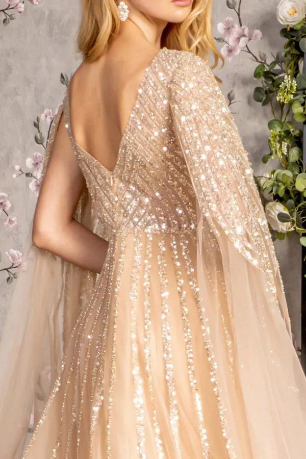 Bead Sequin Mesh A-line Long Dress w/ Side Cape Long Sleeves by Tux-USA