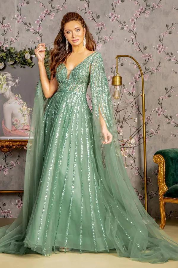 Bead Sequin Mesh A-line Long Dress w/ Side Cape Long Sleeves by Tux-USA