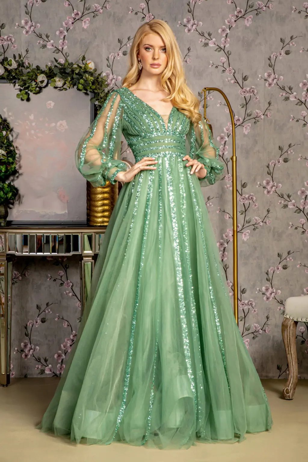 Dress Bead Sequin Embellished Mesh Aline Long Dress Evening Wear by Tux-USA