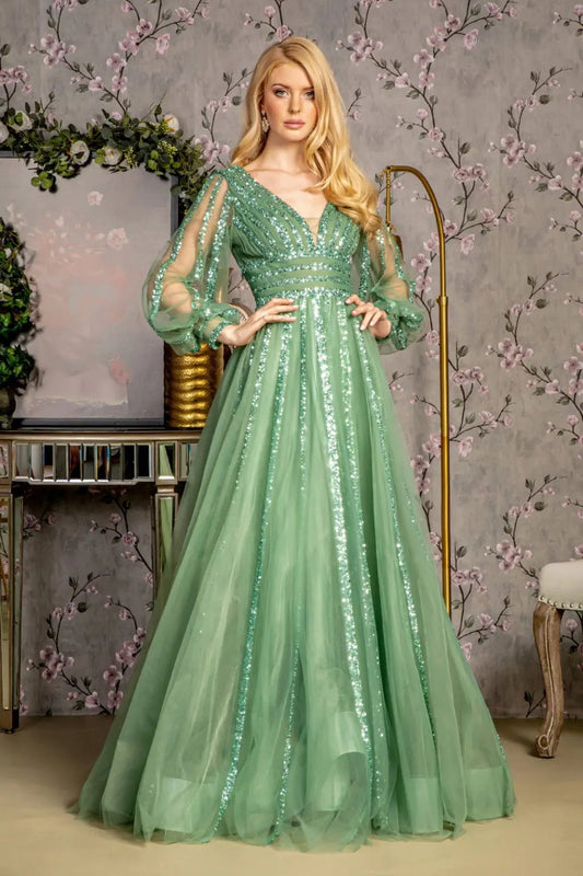 Dress Bead Sequin Embellished Mesh Aline Long Dress Evening Wear by Tux-USA