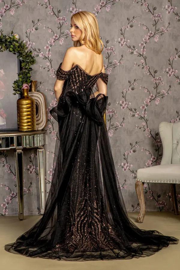 Metallic Sequin Mesh Mermaid Long Dress w/ Detachable Waist Drape by Tux-USA