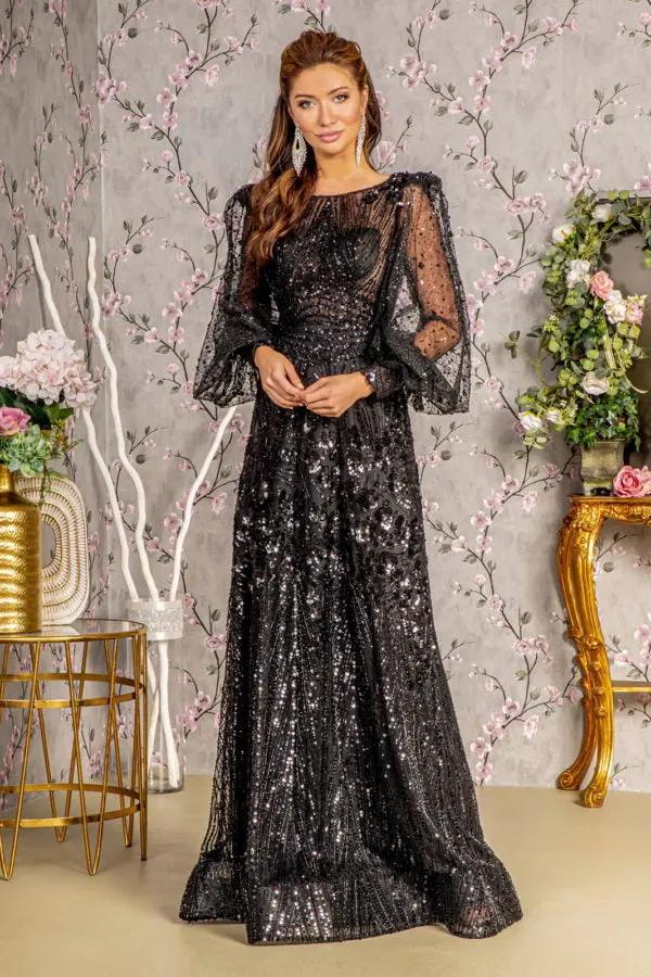 Bead Sheer Bodice Mesh A-line Long Dress w/ Sheer Puff Sleeves by Tux-USA