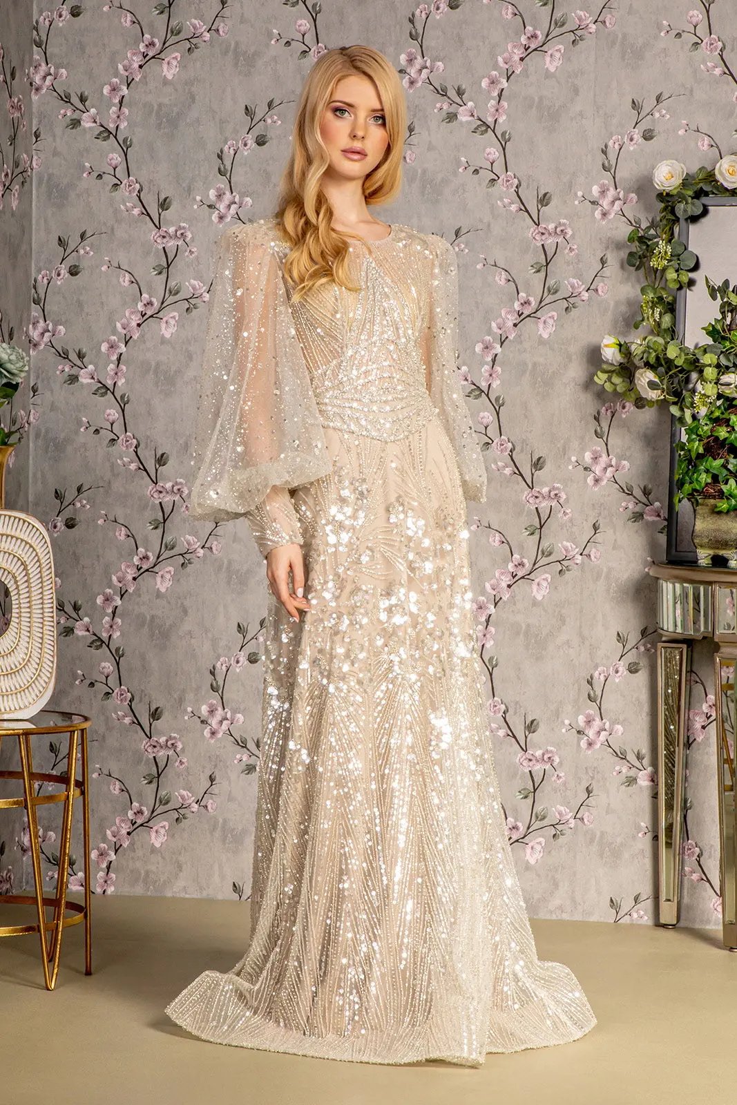 Bead Sheer Bodice Mesh A-line Long Dress w/ Sheer Puff Sleeves by Tux-USA