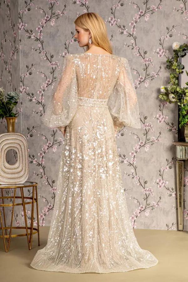 Bead Sheer Bodice Mesh A-line Long Dress w/ Sheer Puff Sleeves by Tux-USA
