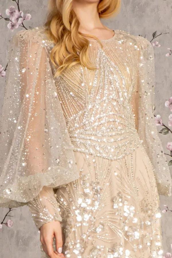 Bead Sheer Bodice Mesh A-line Long Dress w/ Sheer Puff Sleeves by Tux-USA