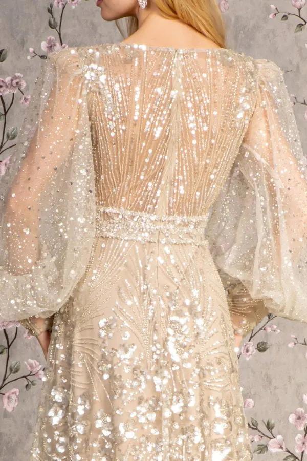 Bead Sheer Bodice Mesh A-line Long Dress w/ Sheer Puff Sleeves by Tux-USA