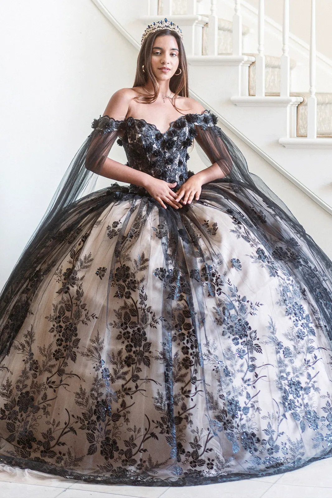 3-D Floral Applique Glitter Pattern Embellished Mesh Quinceanera Gown by Tux-USA