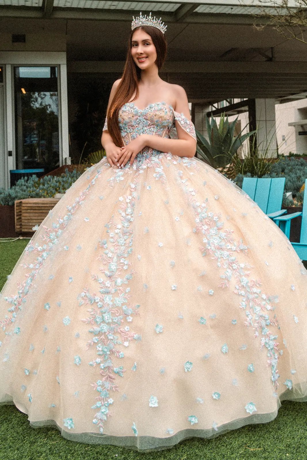 Beads Embellished Glitter Print Sweetheart Quinceanera Dress w/ detachable puff sleeve by Tux-USA
