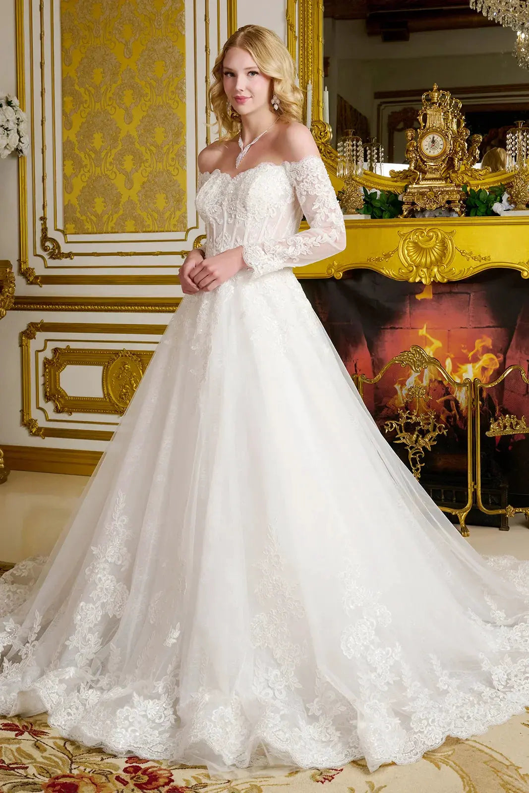 Wedding Gown A Line A Wide V-Neckline Off-The-Shoulder Sleeves by Tux-USA