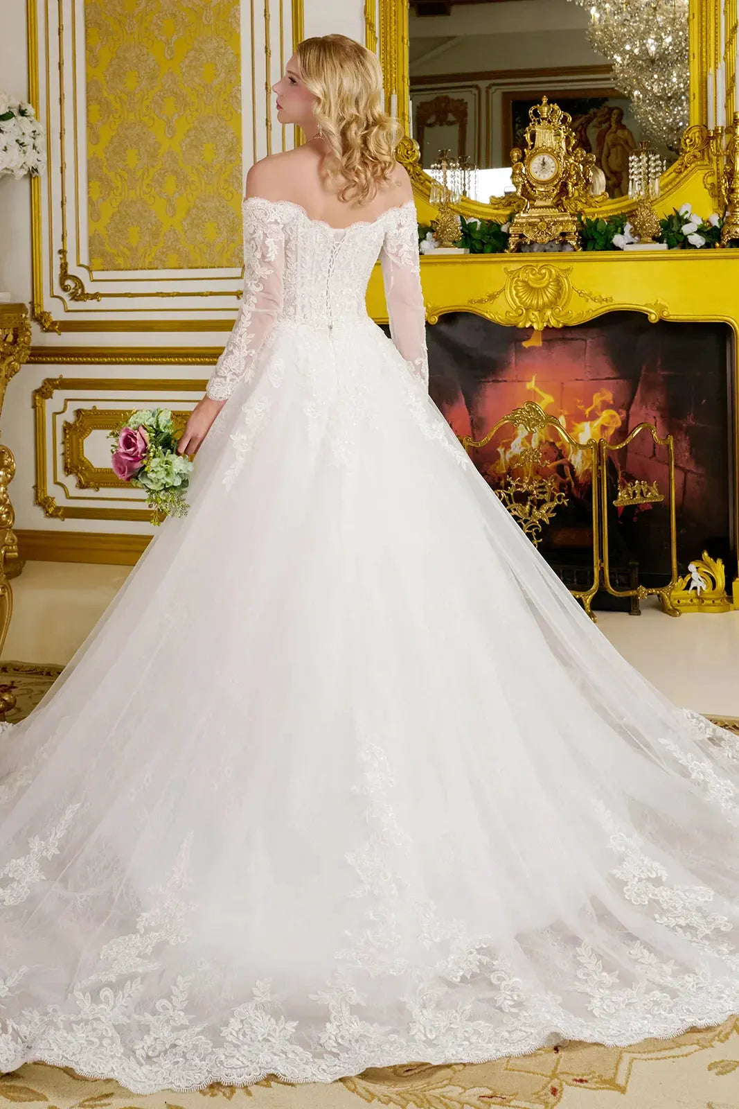 Wedding Gown A Line A Wide V-Neckline Off-The-Shoulder Sleeves by Tux-USA