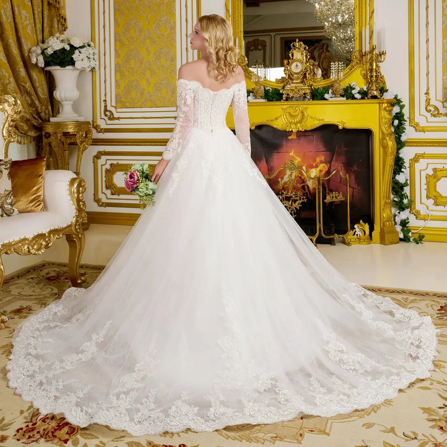 Wedding Gown A Line A Wide V-Neckline Off-The-Shoulder Sleeves by Tux-USA