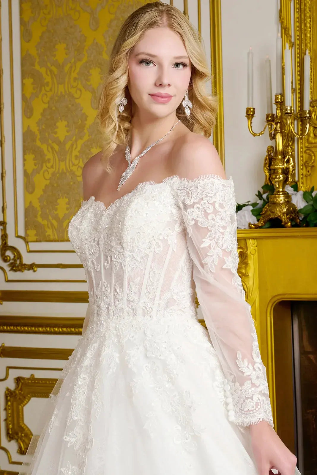 Wedding Gown A Line A Wide V-Neckline Off-The-Shoulder Sleeves by Tux-USA
