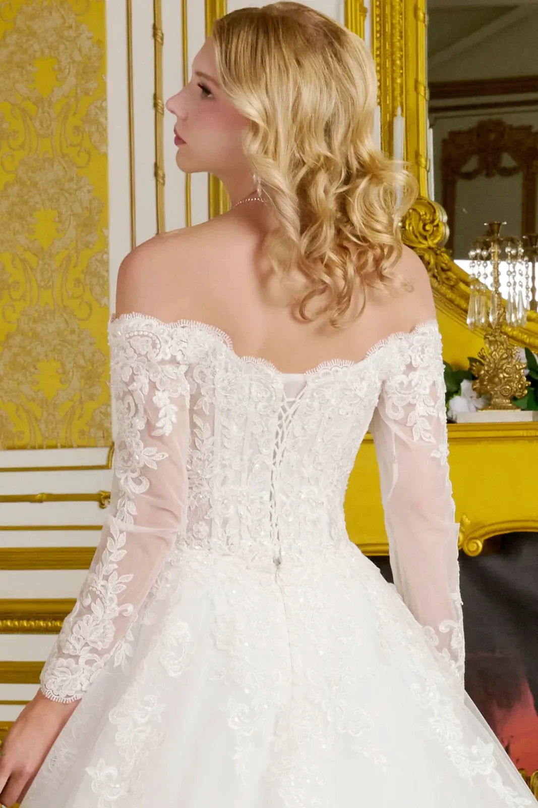 Wedding Gown A Line A Wide V-Neckline Off-The-Shoulder Sleeves by Tux-USA