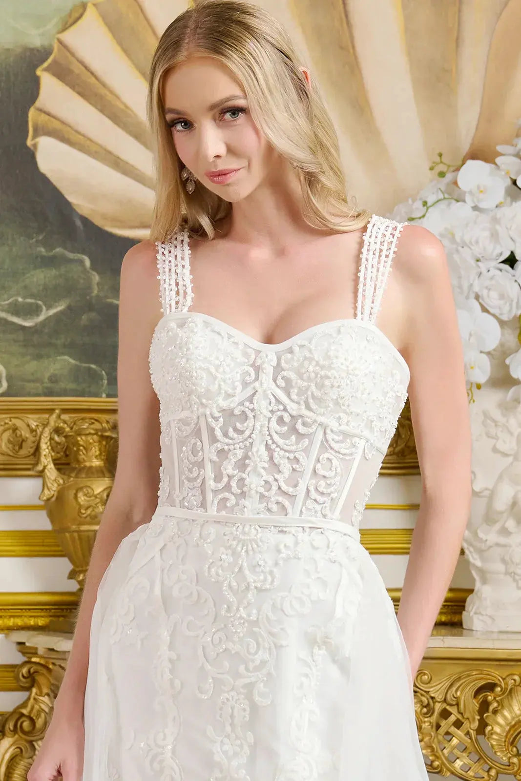 Form-Fitting Wedding Gown Multiple Beaded Spaghetti Straps Sweetheart Neckline Bodice by Tux-USA