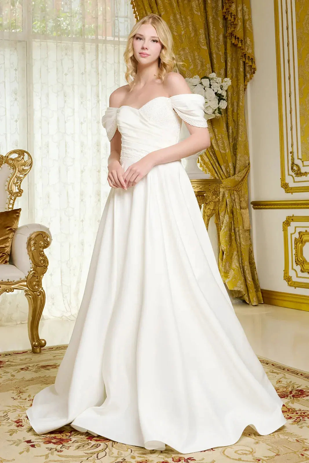 Satin Wedding Gown A Minimalist Aesthetic Off-The-Shoulder Sleeves by Tux-USA
