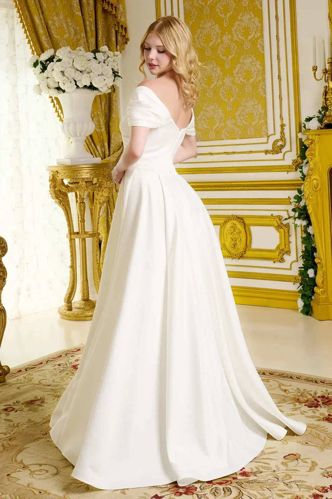 Satin Wedding Gown A Minimalist Aesthetic Off-The-Shoulder Sleeves by Tux-USA