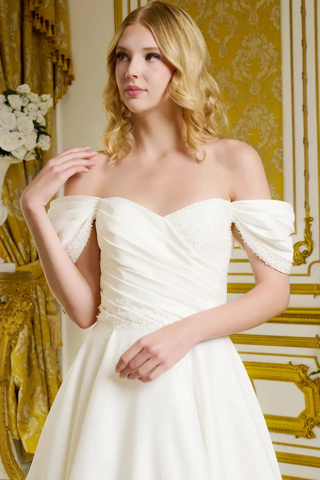 Satin Wedding Gown A Minimalist Aesthetic Off-The-Shoulder Sleeves by Tux-USA