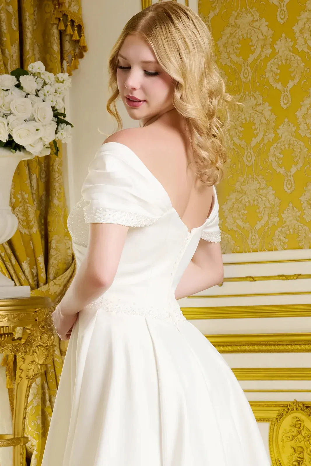 Satin Wedding Gown A Minimalist Aesthetic Off-The-Shoulder Sleeves by Tux-USA