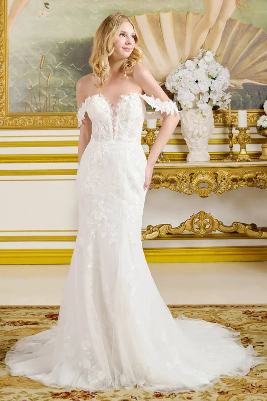 Fitted Wedding Gown V-Neckline And Off-The-Shoulder Straps A Lace-Up Bodice by Tux-USA