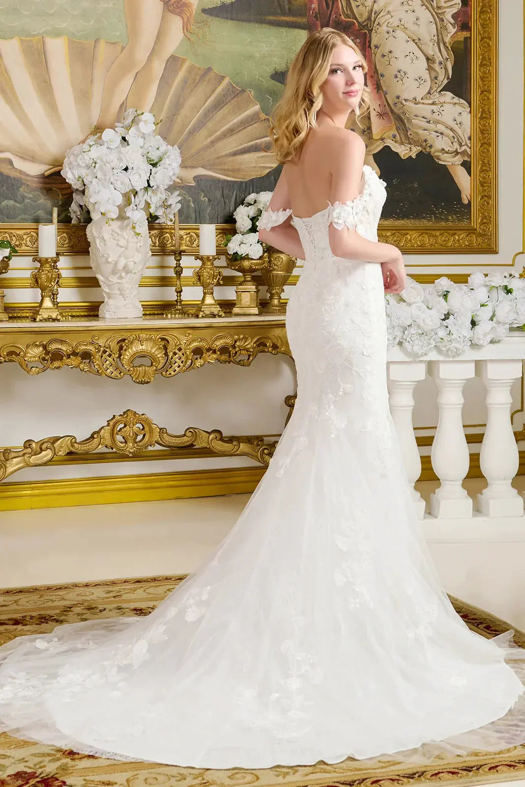 Fitted Wedding Gown V-Neckline And Off-The-Shoulder Straps A Lace-Up Bodice by Tux-USA