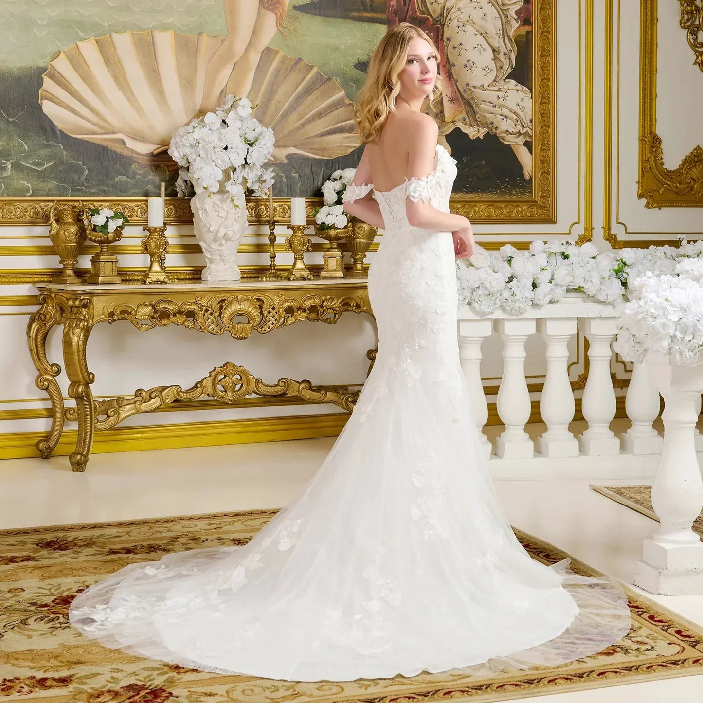 Fitted Wedding Gown V-Neckline And Off-The-Shoulder Straps A Lace-Up Bodice by Tux-USA