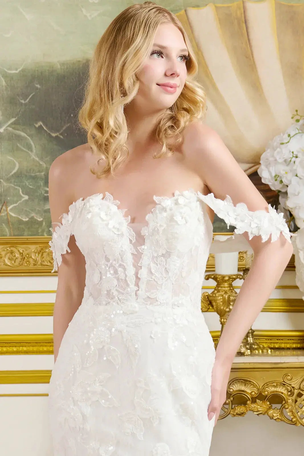 Fitted Wedding Gown V-Neckline And Off-The-Shoulder Straps A Lace-Up Bodice by Tux-USA