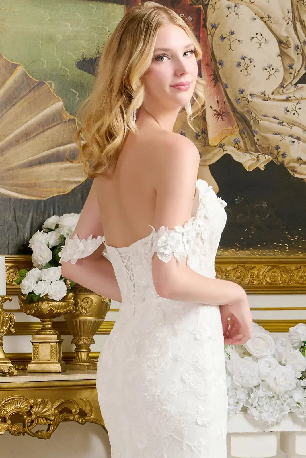 Fitted Wedding Gown V-Neckline And Off-The-Shoulder Straps A Lace-Up Bodice by Tux-USA