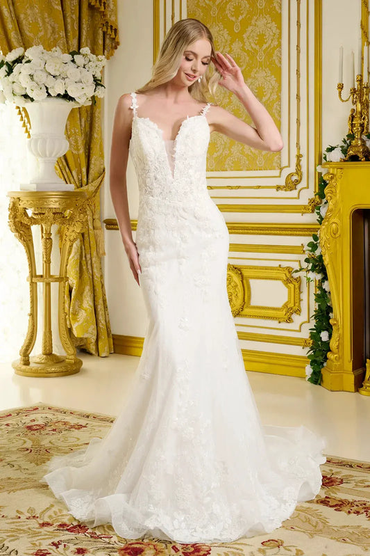 Form-Fitting Wedding Gown Spaghetti Straps Illusion V-Neckline Bodice by Tux-USA