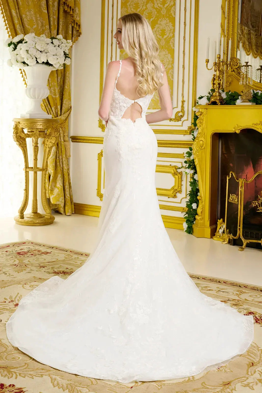 Form-Fitting Wedding Gown Spaghetti Straps Illusion V-Neckline Bodice by Tux-USA