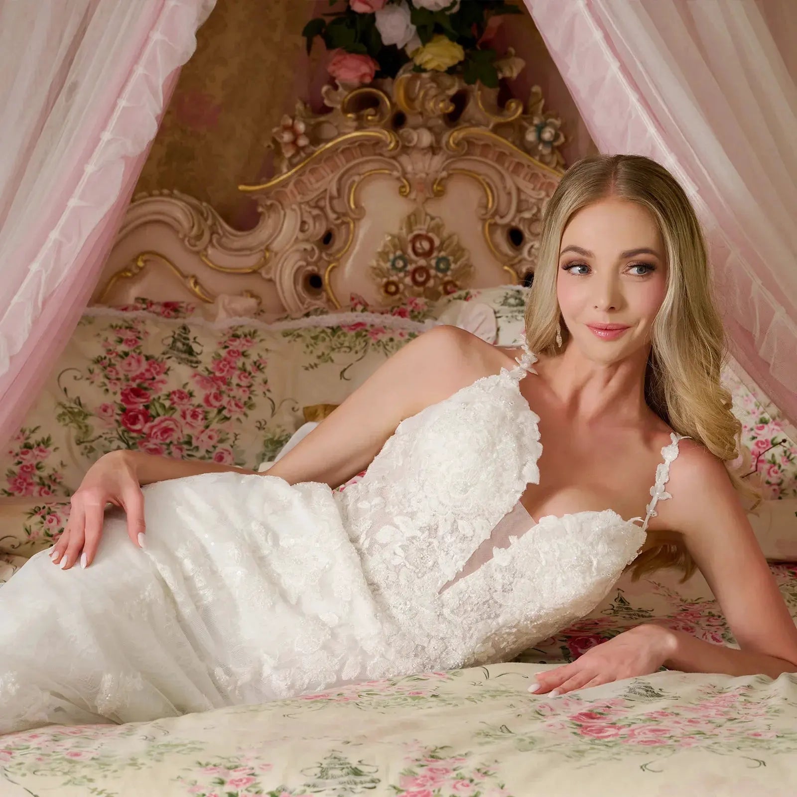 Form-Fitting Wedding Gown Spaghetti Straps Illusion V-Neckline Bodice by Tux-USA