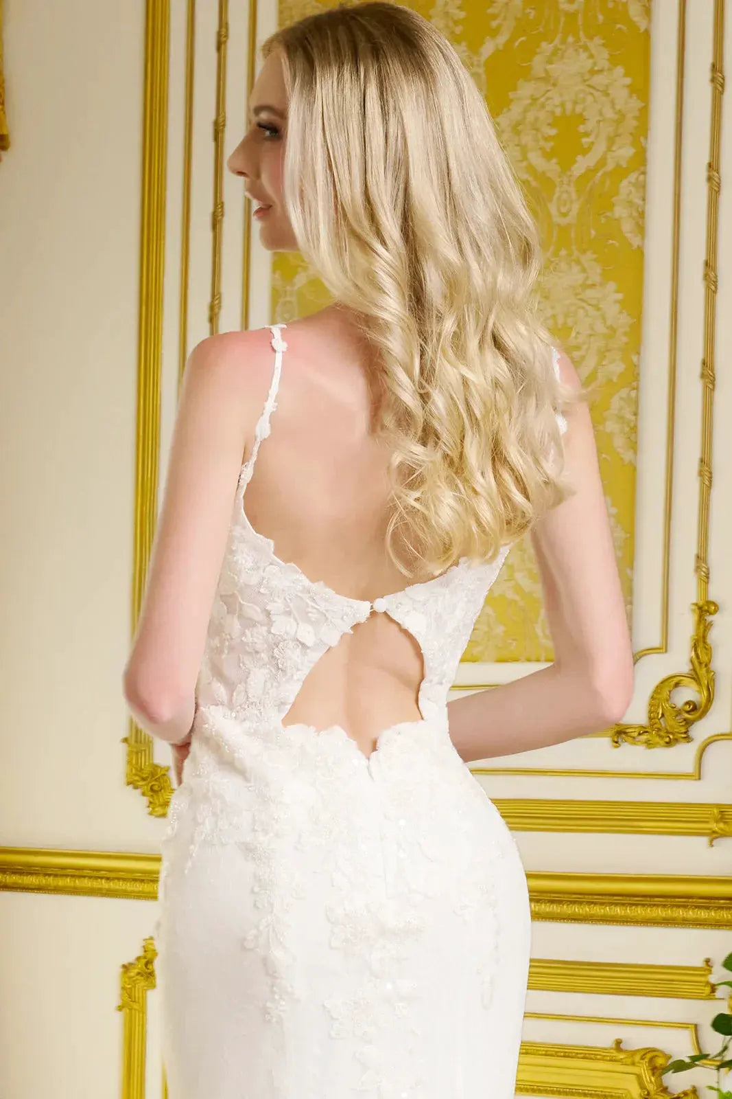 Form-Fitting Wedding Gown Spaghetti Straps Illusion V-Neckline Bodice by Tux-USA