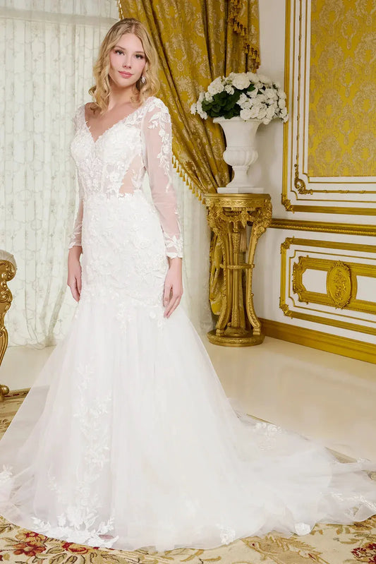 Wedding Gown, V-Neckline And Sheer Long Sleeves, With Beads, Embroidery, And Sequins. by Tux-USA