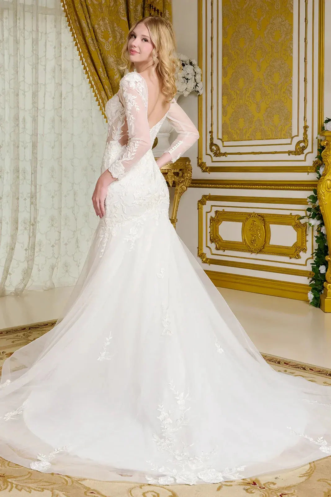 Wedding Gown, V-Neckline And Sheer Long Sleeves, With Beads, Embroidery, And Sequins. by Tux-USA